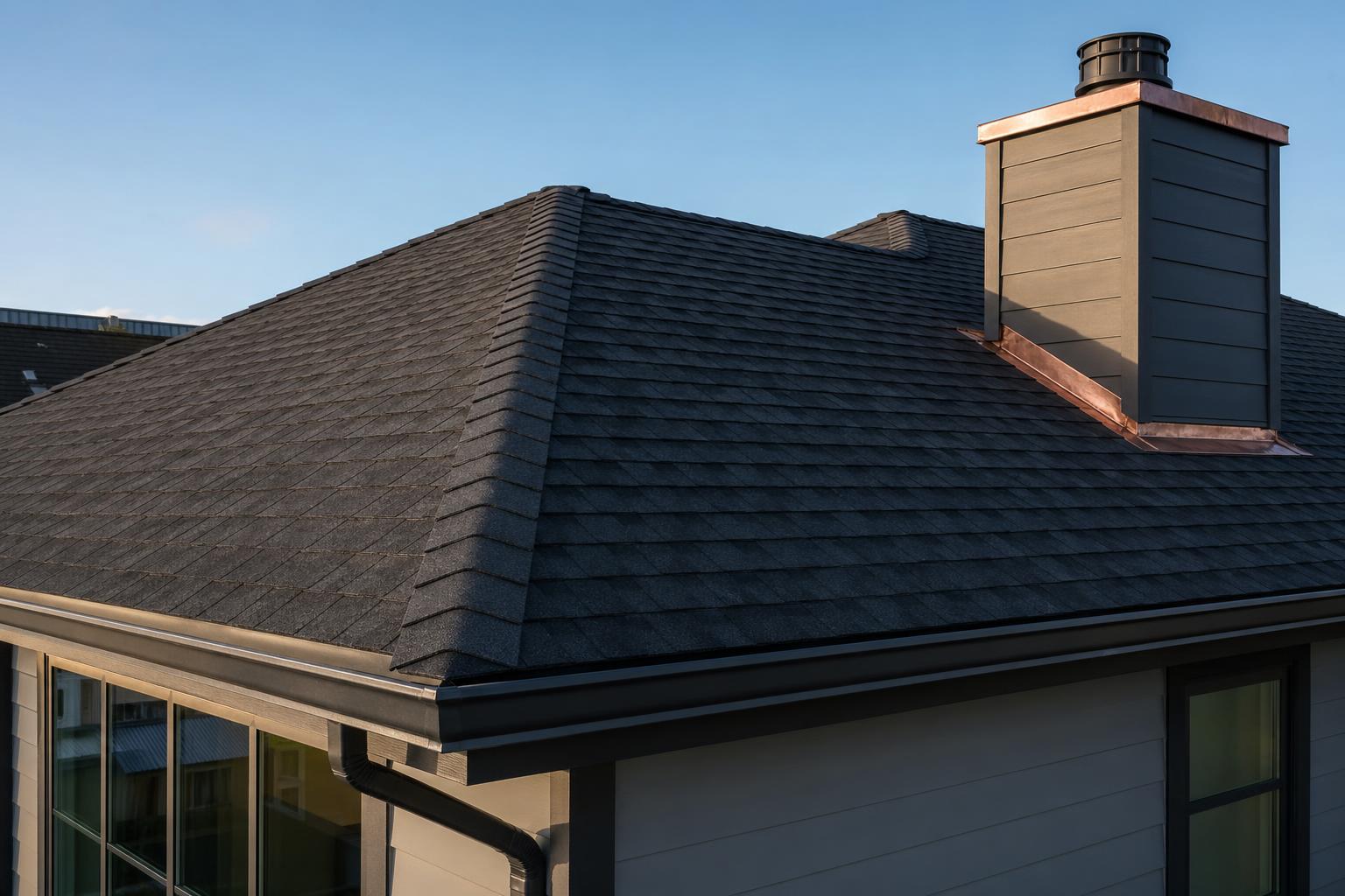 Newly built San Francisco home with brand new architectural shingle roof and copper chimney flashing