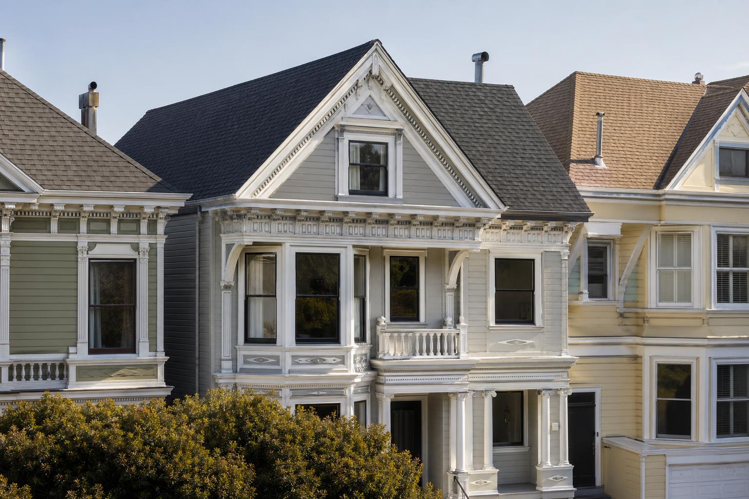 Completed re-roof on a classic San Francisco Victorian home with fresh composition shingles