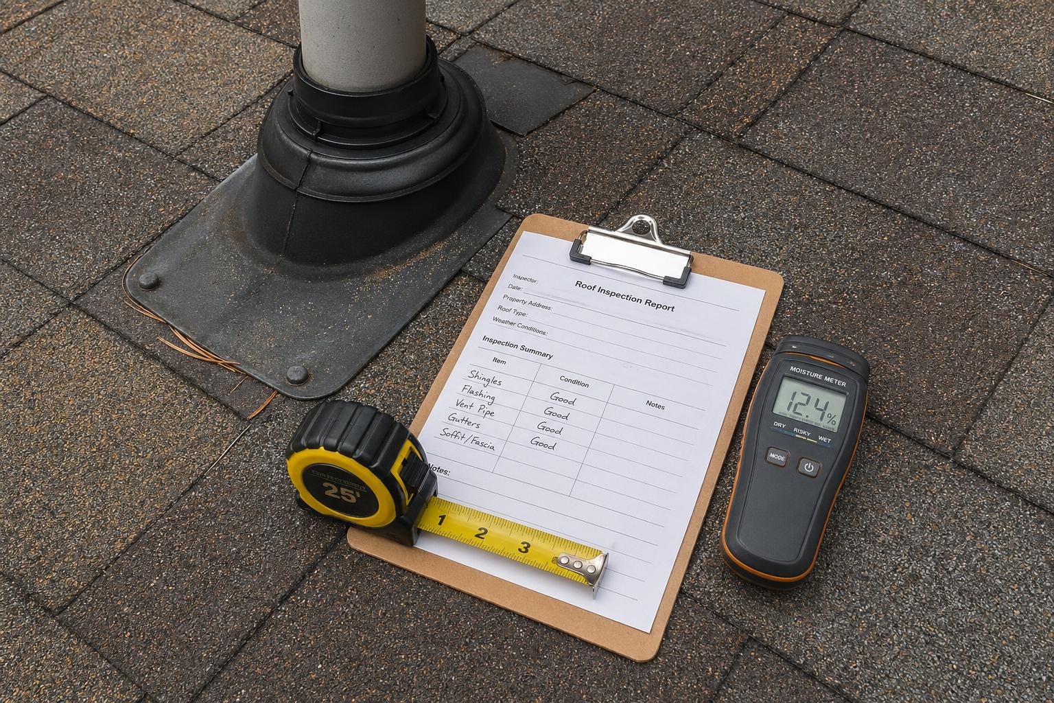 Roof inspection report on a clipboard with measuring tape and moisture meter beside a vent pipe flashing