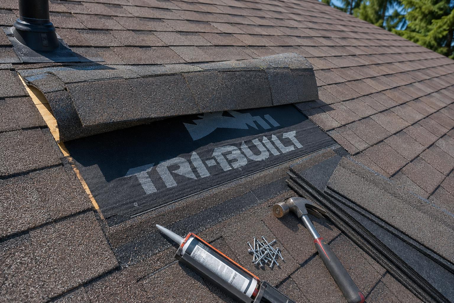 Active shingle roof repair with lifted shingles exposing underlayment and tools laid out on the roof